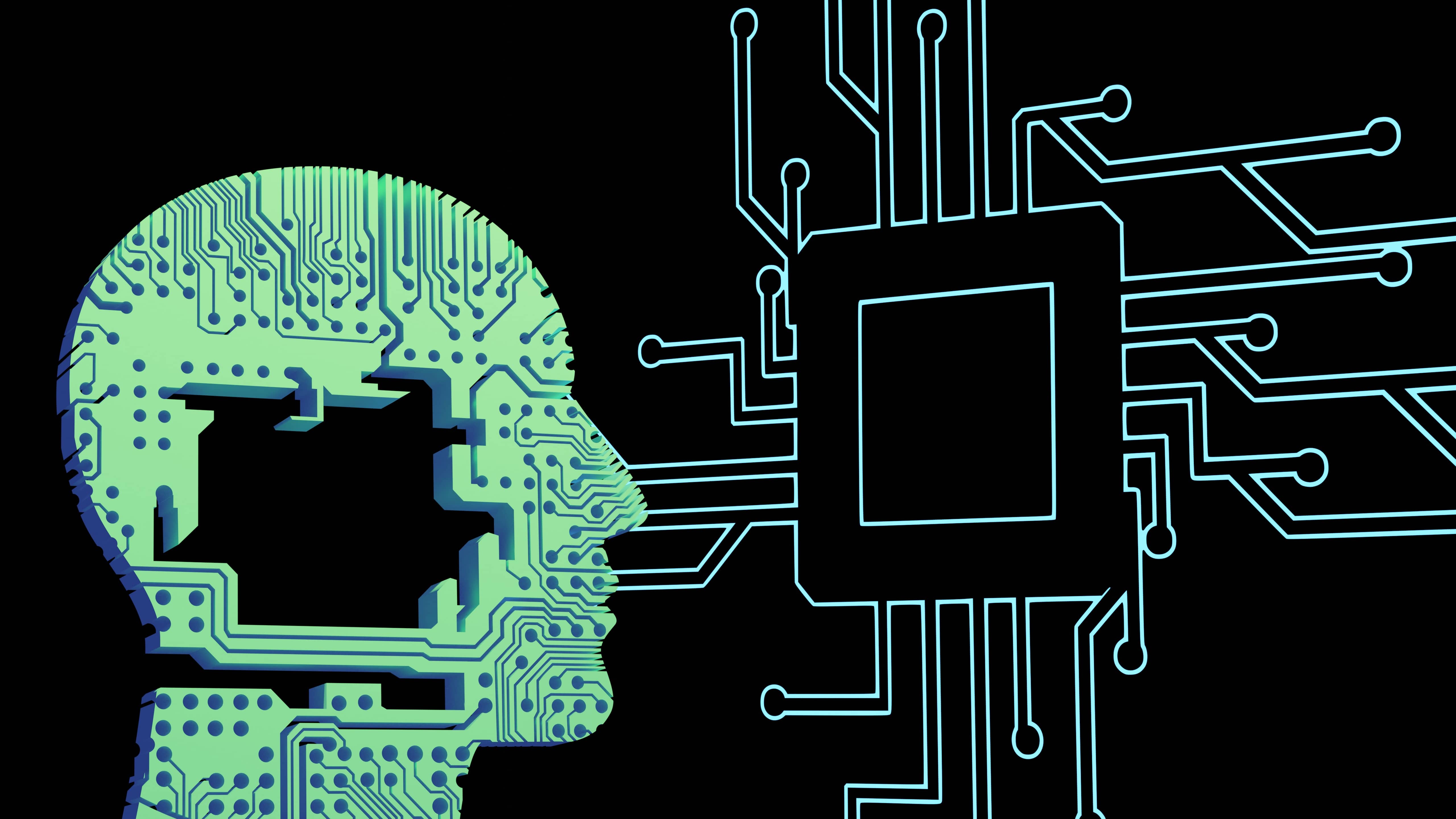 Digital art representing AI; showing computer circuitry while resembling the human brain.